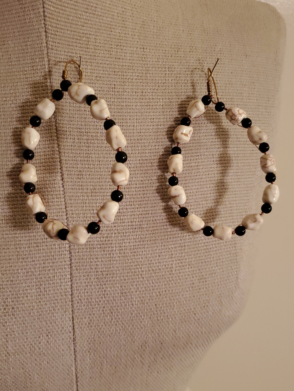 Handcrafted White Howlite and Black Bead Hoop Earrings